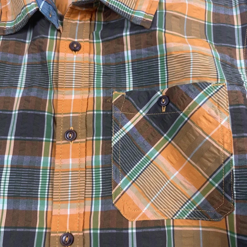The North Face Mens Plaid Short Sleeve Button Down Shirt LG‎ Orange Brown Green